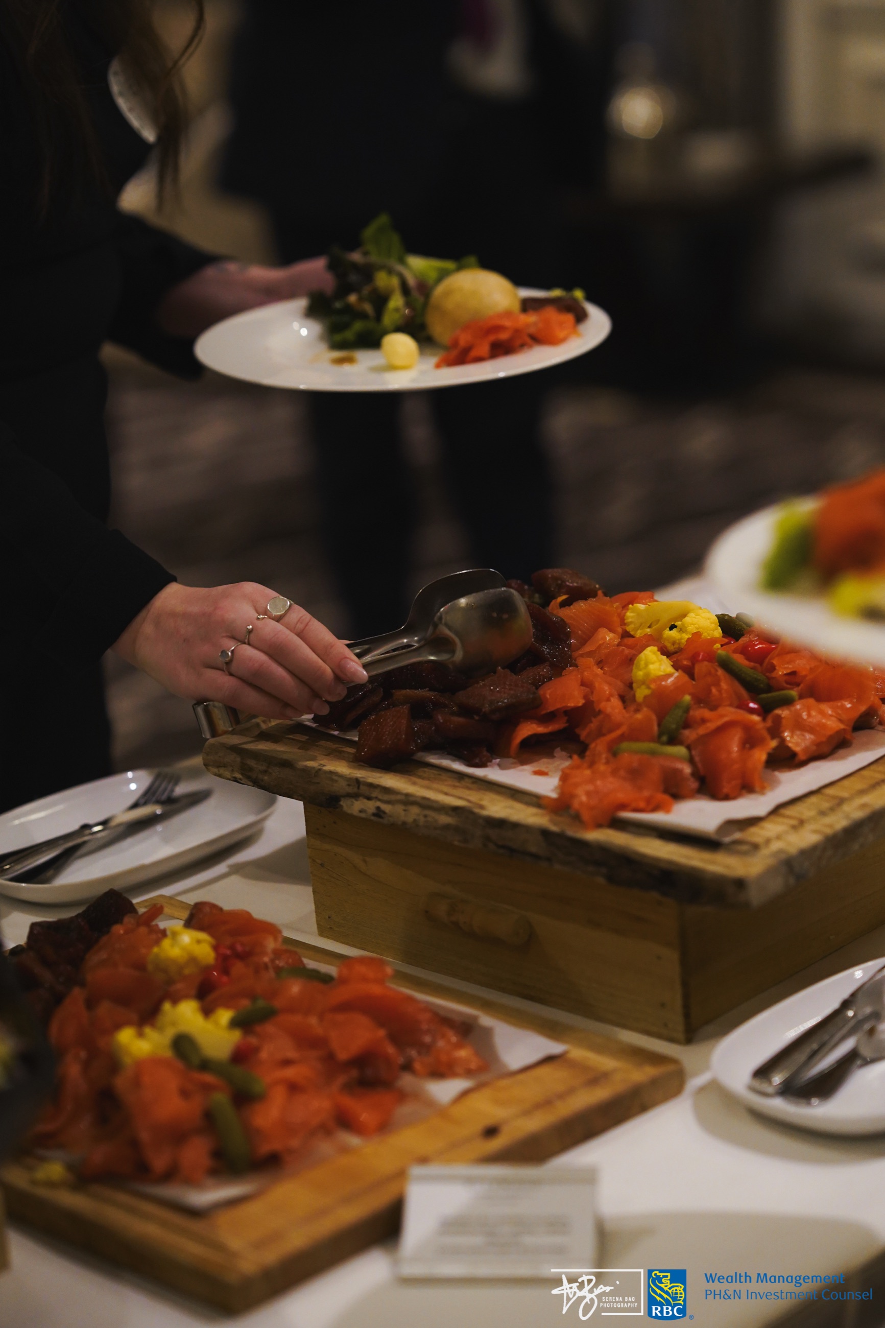 A close view of a catered buffet service